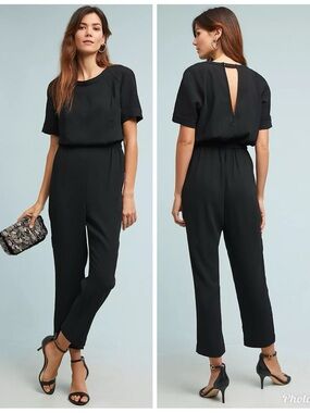 by Anthropologie Allegory Women's Black Short Sleeve Textured Jumpsuit